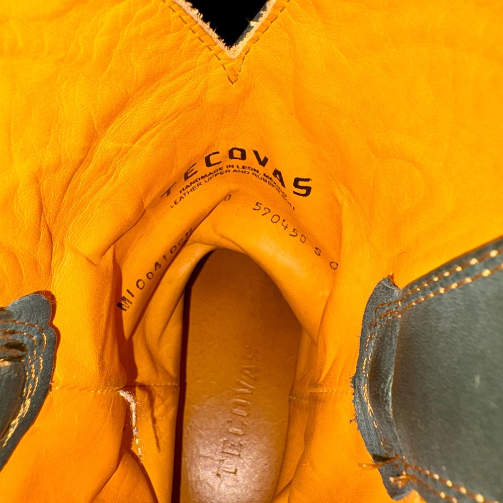 Tecovas Tan and Green Leather Western Style square toe boots with Vibram soles - Picture 5 of 7